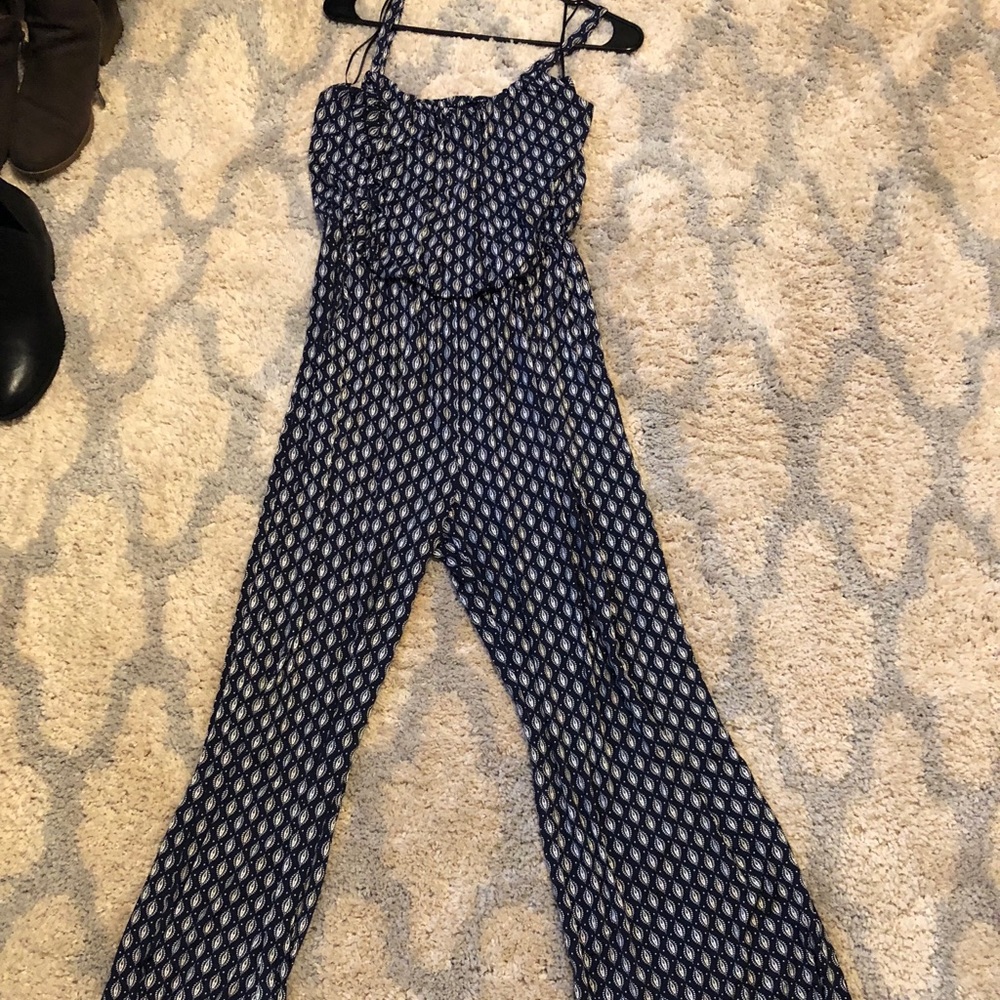 Blue and white patterned jumpsuit
